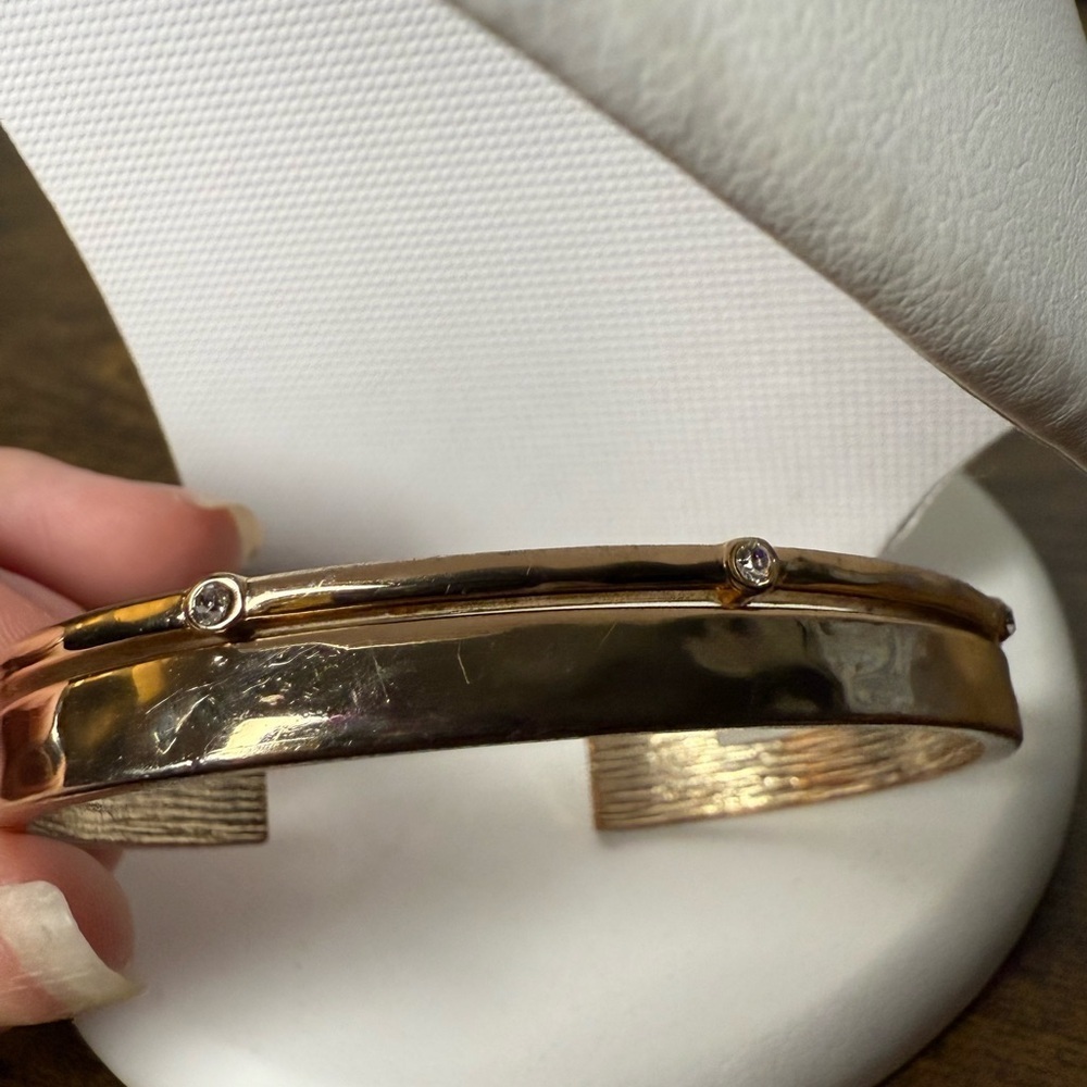 Gold Tone Thick Cuff Bangle Bracelet with Rhinestones - Picture 4 of 9